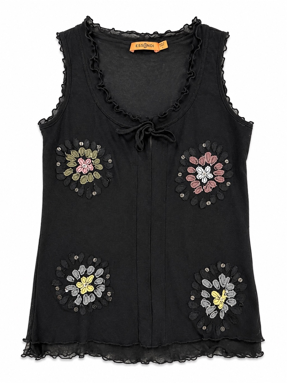 Essondi Black Embroidered Tie-Front Ruffle Tank